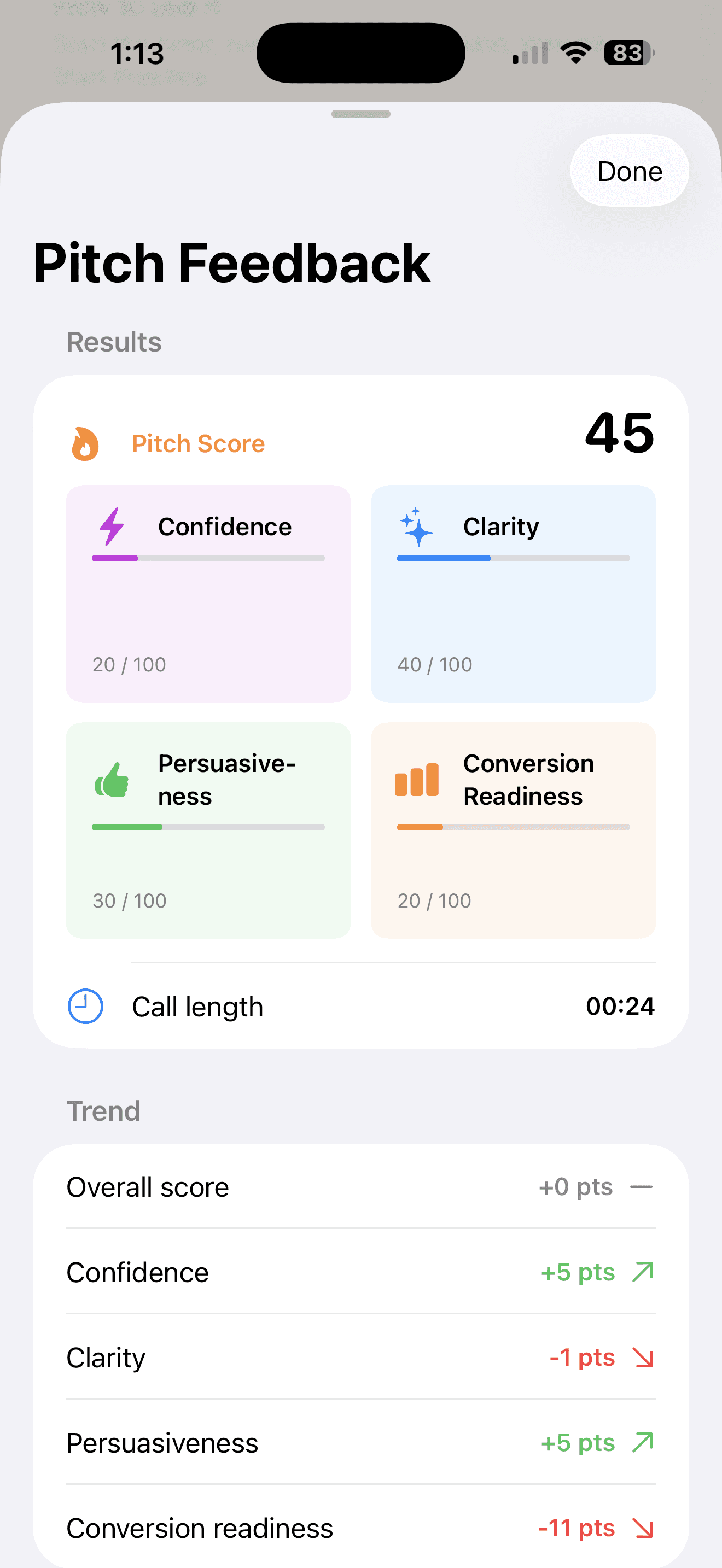 Pitchly AI app screen — record practice call