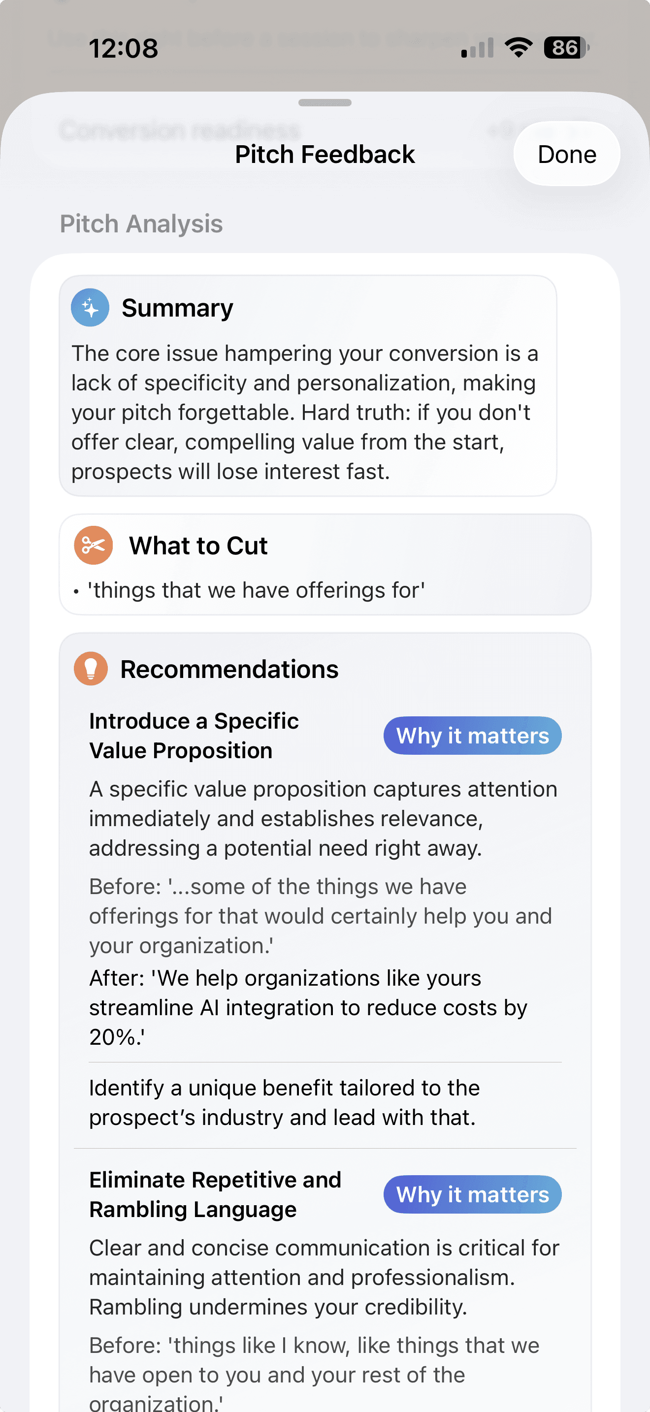 Pitchly AI app screen — AI feedback summary
