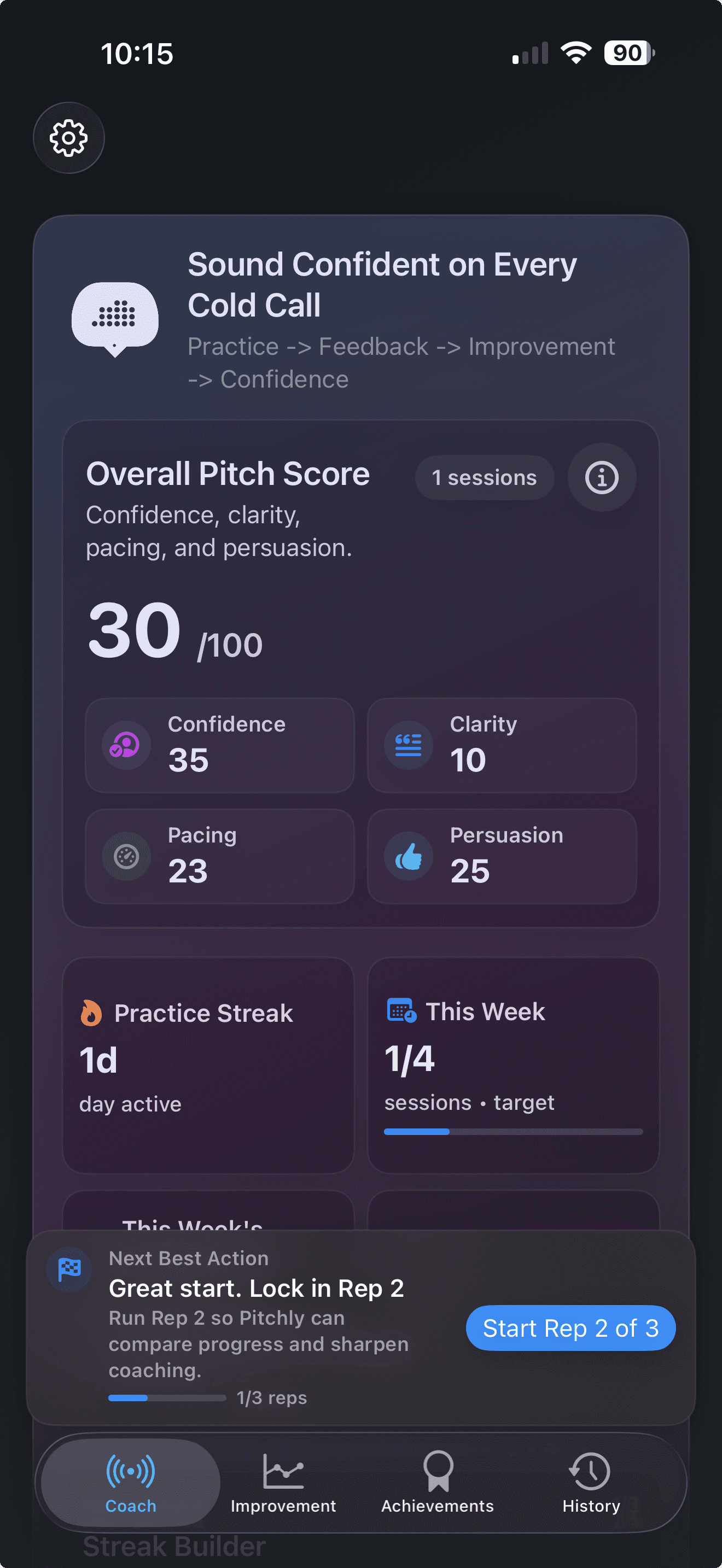 Pitchly AI app screen — pitch analytics